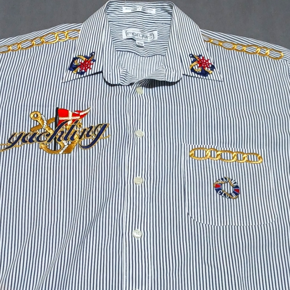 Marquis Mens 16.5 Large L Striped Nautical Embroidery LS Button Up Shirt Coastal